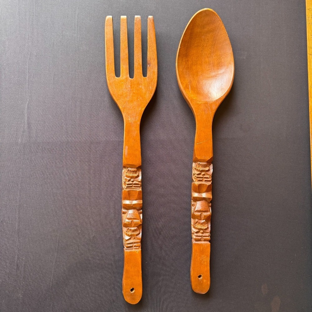 VTG Extra Large Wood Fork Spoon Carved Tiki Totem Mid Century Decor Kitchen 22"